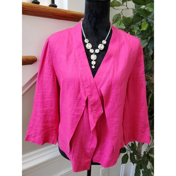 Chico's Women's Solid Pink 100% Linen Long Sleeve Casual Jacket Blazer Size 1 - Picture 2 of 12